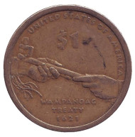 Сакагавея (Трубка мира), серия "Коренные американцы". 1 доллар, 2011 год (P), США. Из обращения. Сакагавея (Трубка мира), серия "Коренные американцы". 1 доллар, 2011 год (P), США. Из обращения.