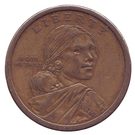 Сакагавея (Трубка мира), серия "Коренные американцы". 1 доллар, 2011 год (P), США. Из обращения. Сакагавея (Трубка мира), серия "Коренные американцы". 1 доллар, 2011 год (P), США. Из обращения.