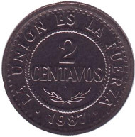 Монета 2 сентаво. 1987 год, Боливия. Монета 2 сентаво. 1987 год, Боливия.