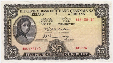 Банкнота 5 фунтов. 1975 год, Ирландия.
