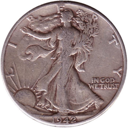 Монета 50 центов. 1942 год, США. Шагающая свобода. (Без отметки монетного двора).