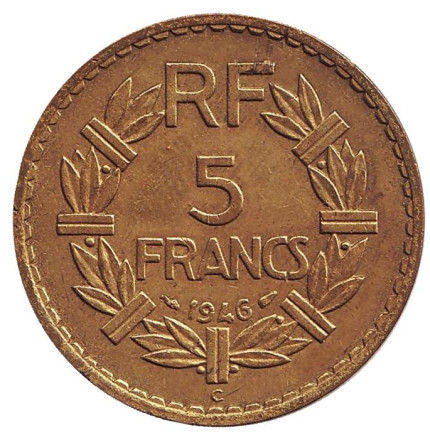 Монета 5 франков. 1946 год, Франция. ("C" - Кастельсарразен). (Алюминиевая бронза)