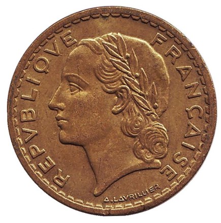 Монета 5 франков. 1946 год, Франция. ("C" - Кастельсарразен). (Алюминиевая бронза)