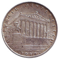 Монета 1 шиллинг. 1924 год, Австрия. Здание парламента в Вене. Монета 1 шиллинг. 1924 год, Австрия. Здание парламента в Вене.