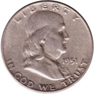 Монета 50 центов. 1951 год (D), США. Франклин. Монета 50 центов. 1951 год (D), США. Франклин.