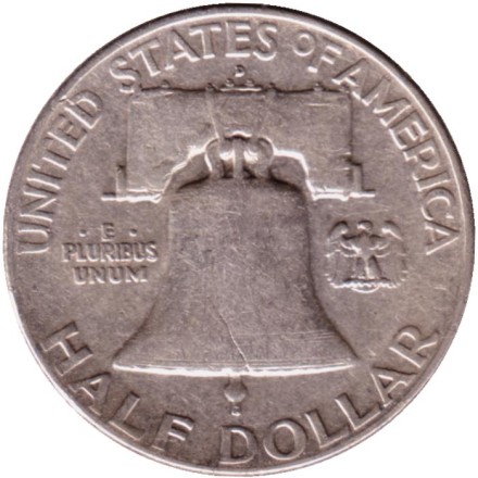 Монета 50 центов. 1951 год (D), США. Франклин. Монета 50 центов. 1951 год (D), США. Франклин.