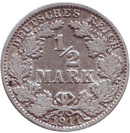 Монета 1/2 марки. 1911 год (F), Германская империя. Монета 1/2 марки. 1911 год (F), Германская империя.