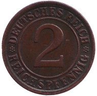 Монета 2 рейхспфеннига. 1924 год (J), Веймарская республика. Монета 2 рейхспфеннига. 1924 год (J), Веймарская республика.