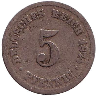 Монета 5 пфеннигов. 1874 год (C), Германская империя.