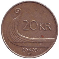 Монета 20 крон. 2003 год, Норвегия. Ладья викингов. Монета 20 крон. 2003 год, Норвегия. Ладья викингов.