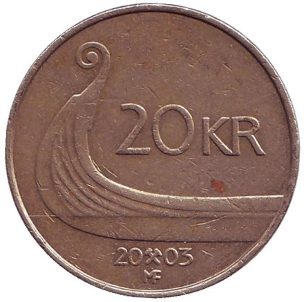 Монета 20 крон. 2003 год, Норвегия. Ладья викингов.