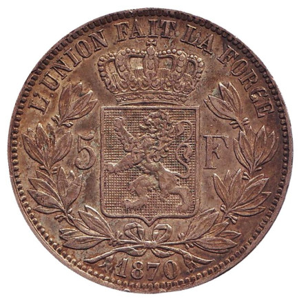 Монета 5 франков. 1870 год, Бельгия. Леопольд II.
