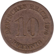Монета 10 пфеннигов. 1875 год (J), Германская империя. Монета 10 пфеннигов. 1875 год (J), Германская империя.