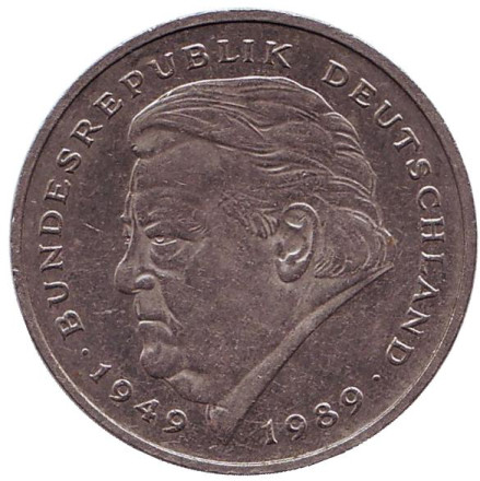 Монета 2 марки. 1991 год (F), ФРГ. Франц Йозеф Штраус.