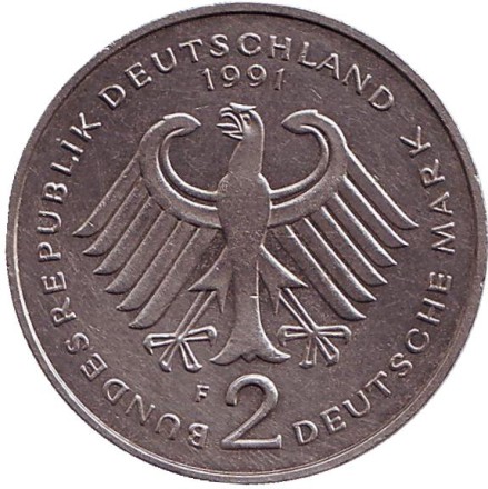 Монета 2 марки. 1991 год (F), ФРГ. Франц Йозеф Штраус.