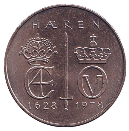 Монета 5 крон. 1978 год, Норвегия. 350 лет норвежской армии.