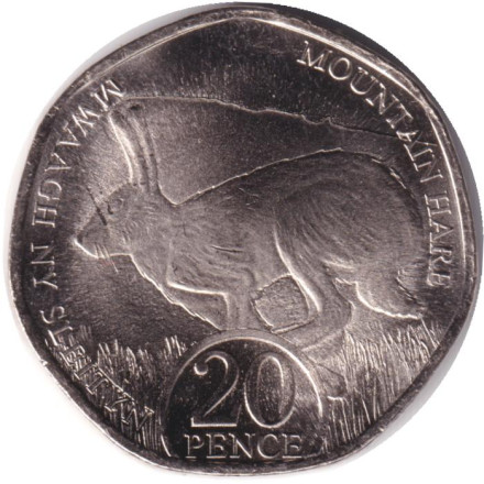 Монета 20 пенсов. 2023 год, Остров Мэн. Горный заяц.