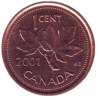 Монета 1 цент. 2001 год, Канада. (Без отметки монетного двора). Монета 1 цент. 2001 год, Канада. (Без отметки монетного двора).