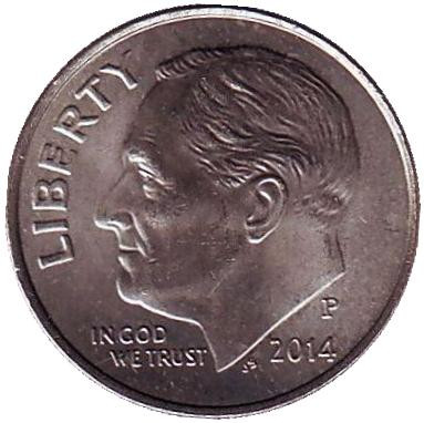 Монета 10 центов. 2014 (P) год, США. Рузвельт.