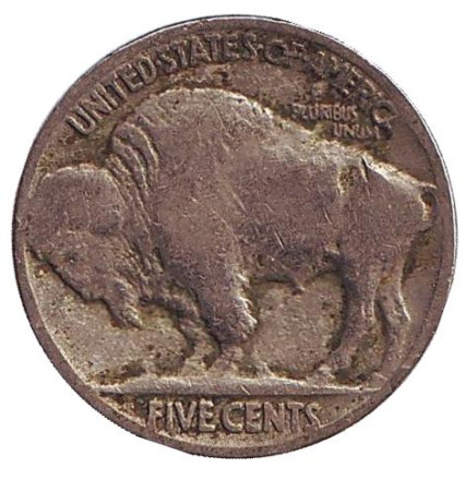 Монета 5 центов. 1928 год (P), США. Бизон. Индеец.