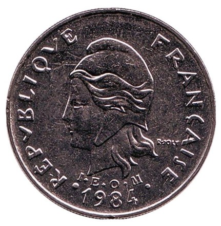 Монета 20 франков. 1984 год, Французская Полинезия. aUNC. Плод хлебного дерева, стручки ванили.