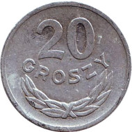 Монета 20 грошей. 1973 год, Польша. (Без отметки монетного двора) Монета 20 грошей. 1973 год, Польша. (Без отметки монетного двора)