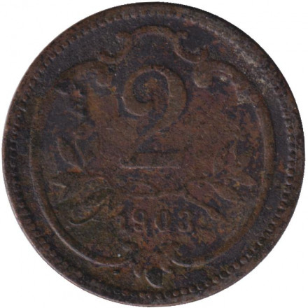 Монета 2 геллера. 1903 год, Австро-Венгерская империя. Австрийский тип.