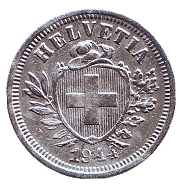 Монета 1 раппен. 1944 год, Швейцария.