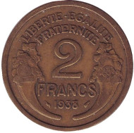 Монета 2 франка. 1938 год, Франция. Монета 2 франка. 1938 год, Франция.
