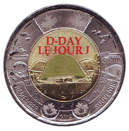 Монета 2 доллара. 2019 год, Канада. (Цветная) 75 лет высадке союзников в Нормандии.