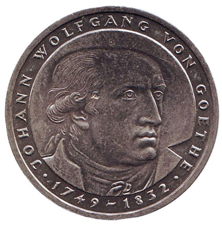 Монета 5 марок. 1982 год (D), ФРГ. Из обращения. 150 лет со дня смерти Иоганна Вольфганга фон Гёте.