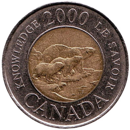 Монета 2 доллара, 2000 год, Канада. Полярные медведи. Миллениум. Путь к знанию.