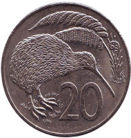 Монета 20 центов. 1989 год, Новая Зеландия. Киви (птица). Монета 20 центов. 1989 год, Новая Зеландия. Киви (птица).