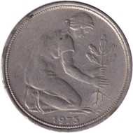 Монета 50 пфеннигов. 1973 (F) год, ФРГ. Женщина, сажающая дуб. Монета 50 пфеннигов. 1973 (F) год, ФРГ. Женщина, сажающая дуб.