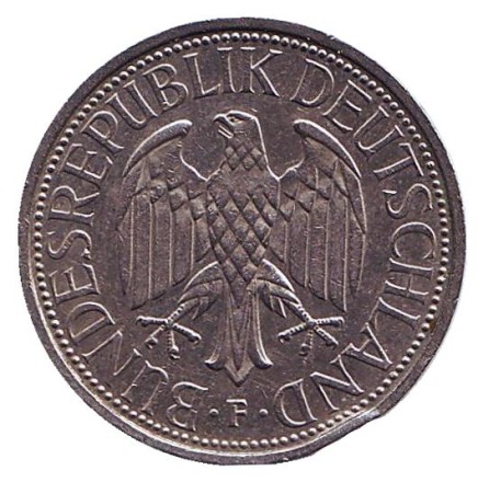 Монета 1 марка. 1993 год (F), ФРГ. Монета 1 марка. 1993 год (F), ФРГ.