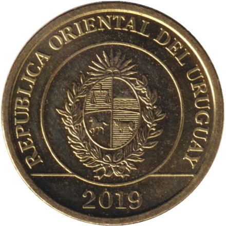 Монета 1 песо. 2019 год, Уругвай. Броненосец. Монета 1 песо. 2019 год, Уругвай. Броненосец.