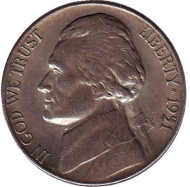 Монета 5 центов. 1951 год (S), США. Джефферсон. Монтичелло. Монета 5 центов. 1951 год (S), США. Джефферсон. Монтичелло.