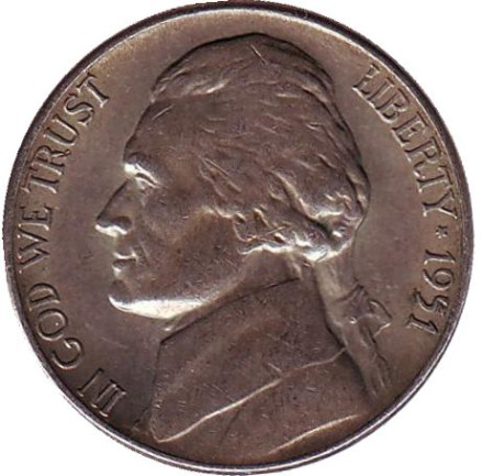 Монета 5 центов. 1951 год (S), США. Джефферсон. Монтичелло.