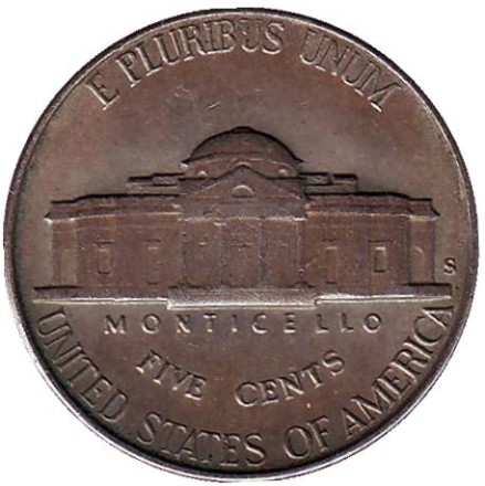 Монета 5 центов. 1951 год (S), США. Джефферсон. Монтичелло. Монета 5 центов. 1951 год (S), США. Джефферсон. Монтичелло.