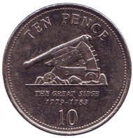 Монета 10 пенсов. 2010 год, Гибралтар. Большая осада Гибралтара. Пушка. Монета 10 пенсов. 2010 год, Гибралтар. Большая осада Гибралтара. Пушка.