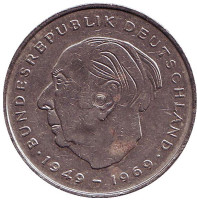 Теодор Хойс. Монета 2 марки. 1970 год (F), ФРГ. 