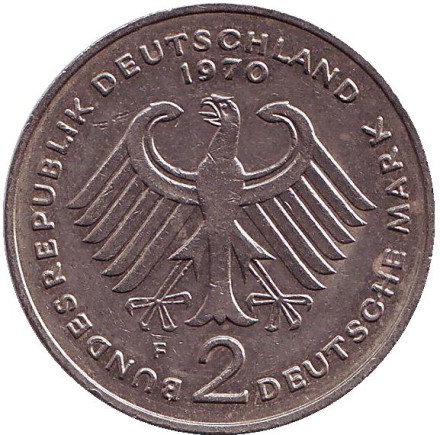 Монета 2 марки. 1970 год (F), ФРГ. Теодор Хойс. Монета 2 марки. 1970 год (F), ФРГ. Теодор Хойс.