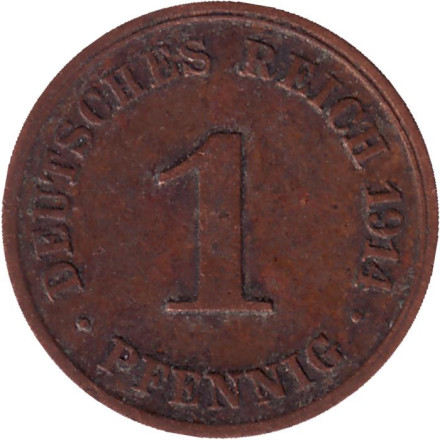 Монета 1 пфенниг. 1914 год (J), Германская империя.