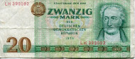 Банкнота 20 марок. 1975 год, ГДР.