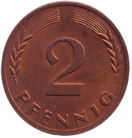 Монета 2 пфеннига. 1968 год (J), ФРГ. (сталь, бронза) Дубовые листья. Монета 2 пфеннига. 1968 год (J), ФРГ. (сталь, бронза) Дубовые листья.