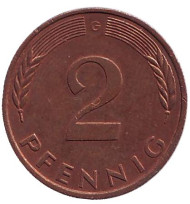 Монета 2 пфеннига. 1989 год (G), ФРГ. Дубовые листья. Монета 2 пфеннига. 1989 год (G), ФРГ. Дубовые листья.