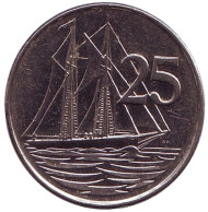Монета 25 центов. 1992 год, Каймановы острова. Парусник.