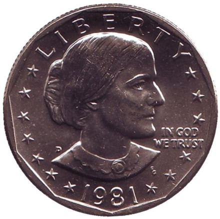 Монета 1 доллар, 1981 год, США. Монетный двор D. Сьюзен Энтони.