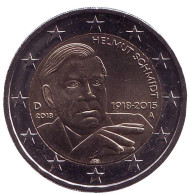 Монета 2 евро. 2018 год, Германия. 100 лет со дня рождения Гельмута Шмидта. Монета 2 евро. 2018 год, Германия. 100 лет со дня рождения Гельмута Шмидта.