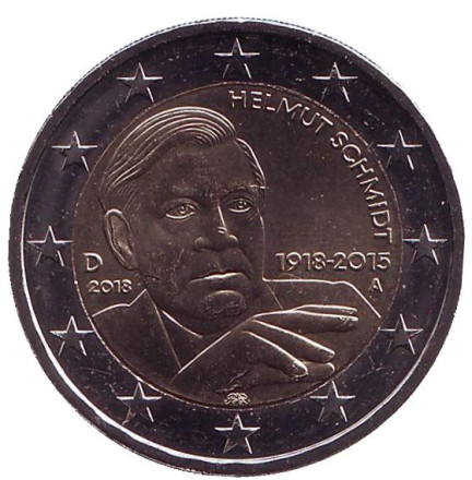 Монета 2 евро. 2018 год, Германия. 100 лет со дня рождения Гельмута Шмидта.